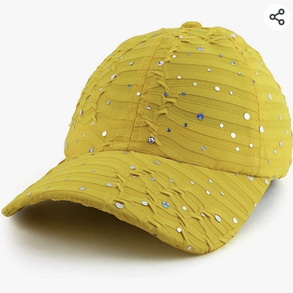 Yellow textured baseball cap with silver metallic dots ponyrail opening - Picture 2 of 9